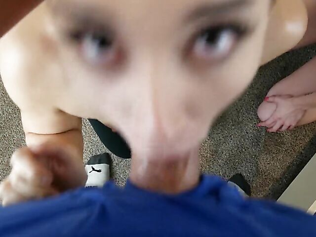 Two girls blowjob in POV with young Aria Lee and Emma Starletto