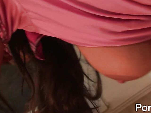 Sleepy school slut in pink stockings and a mini skirt fuck with panties on