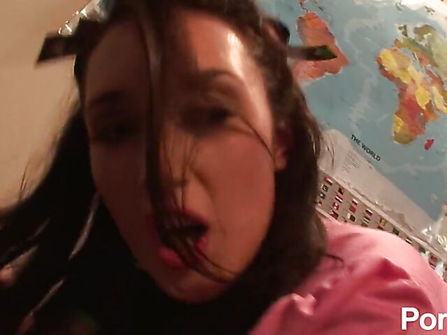 Sleepy school slut in pink stockings and a mini skirt fuck with panties on