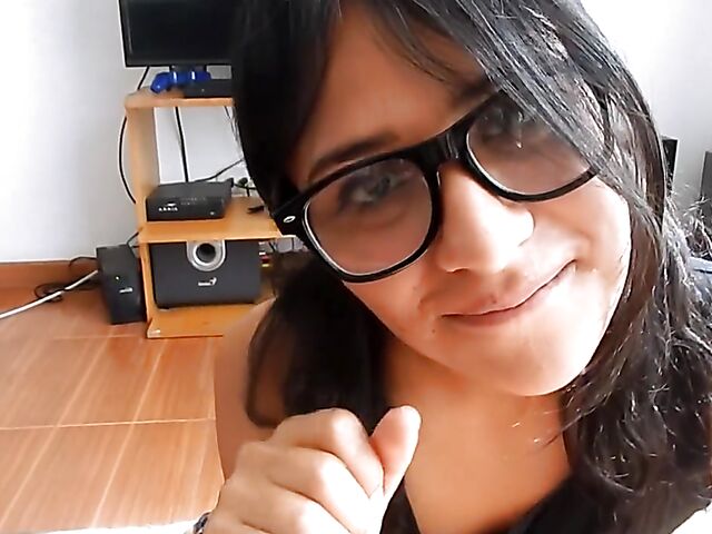 Latina with glasses blowjob and cum on her feet in red knee highs
