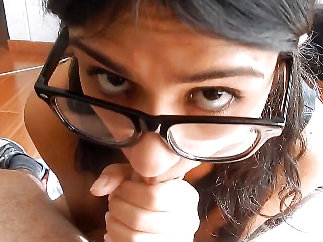 Latina with glasses blowjob and cum on her feet in red knee highs