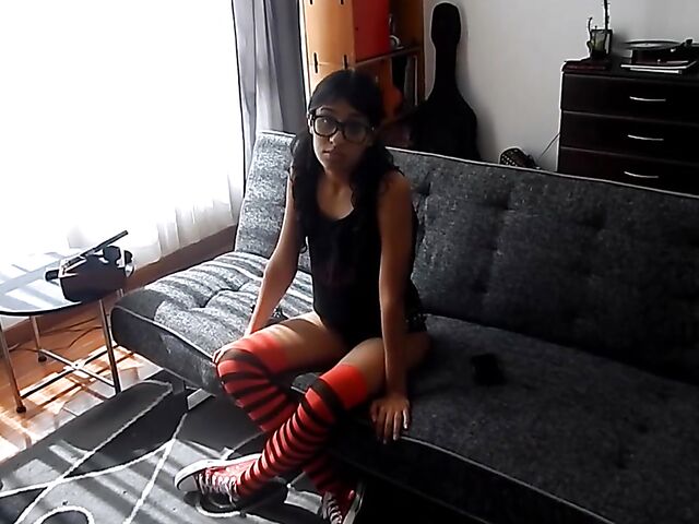 Latina with glasses blowjob and cum on her feet in red knee highs