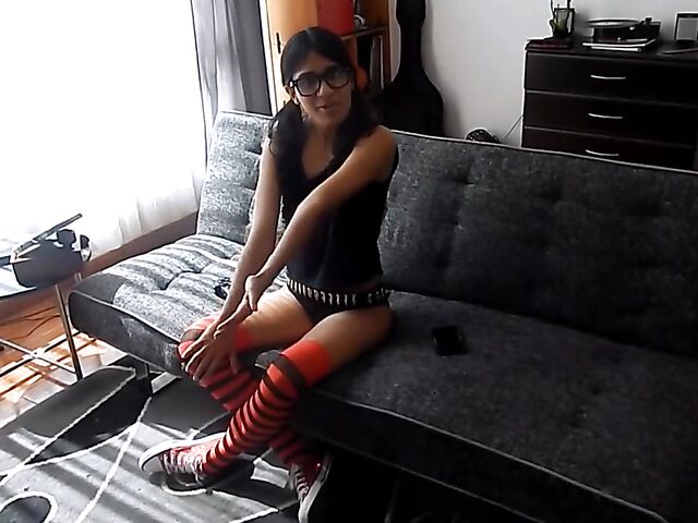 Latina with glasses blowjob and cum on her feet in red knee highs