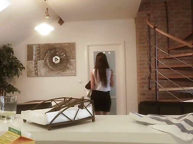 Morning pantyhose sex with slender brunette Eevelyn Neil