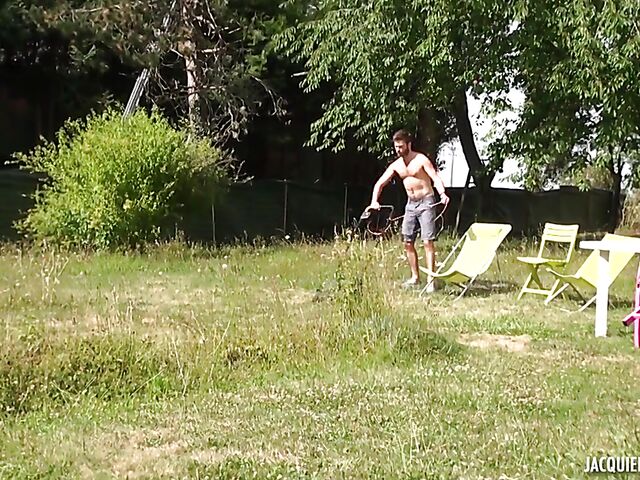 French big boobs babe Tiffany fucks the lawnmower man