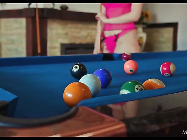 Cute babe with puffy nipps Stasey playing pool alone and fingering herself