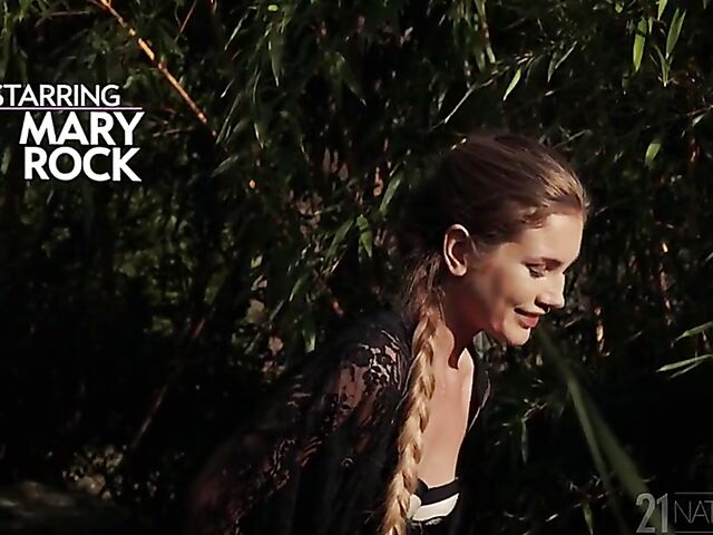 Small tits babe Mary Rock sucks in the garden and fucks indoors