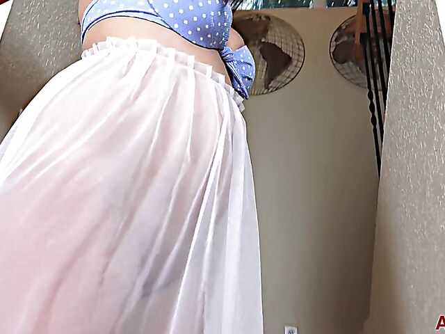 Sexy MILF Tiffany Cane gets interviewed and shows off her hot body on the stairs