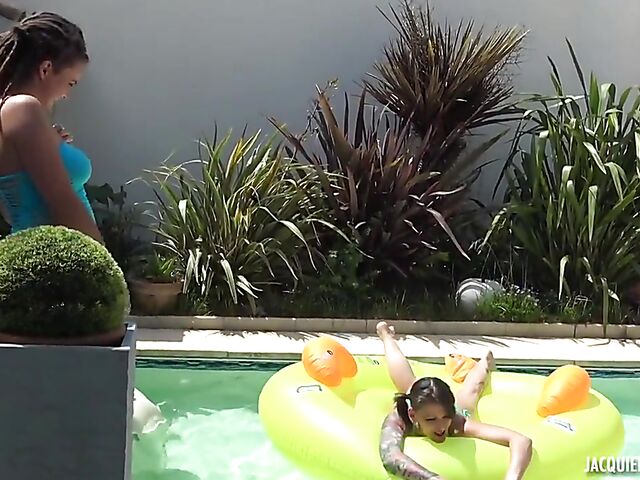 French outdoor threesome by the pool with  Lola and Lou