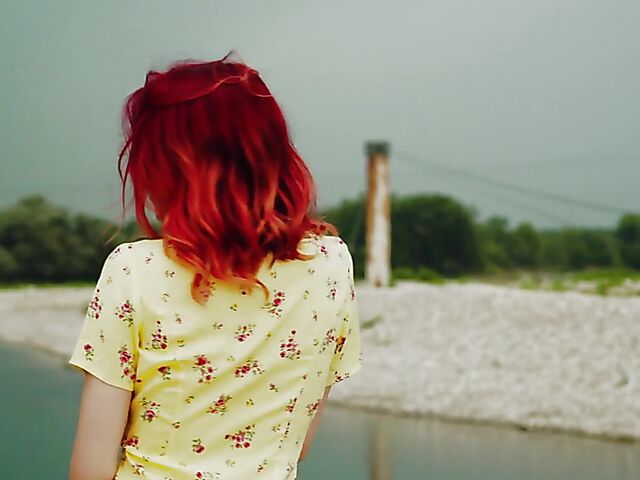 Skinny redhead in heels Elin Flame takes off her dress and shows her snatch outdoors