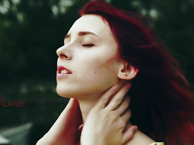 Skinny redhead in heels Elin Flame takes off her dress and shows her snatch outdoors