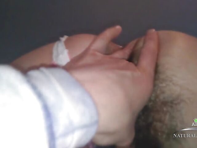 Evil Eva gets her very hairy pussy fingered from behind with her panties on