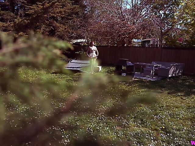 Redhead tattoo girl with tiny boobs Auburn Fox gets caught topless in the garden and shows her twat 