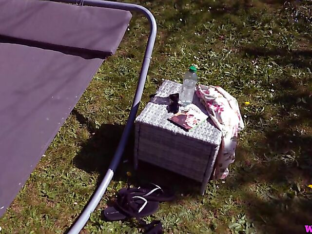 Redhead tattoo girl with tiny boobs Auburn Fox gets caught topless in the garden and shows her twat 