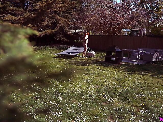 Redhead tattoo girl with tiny boobs Auburn Fox gets caught topless in the garden and shows her twat 