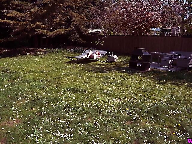 Redhead tattoo girl with tiny boobs Auburn Fox gets caught topless in the garden and shows her twat 