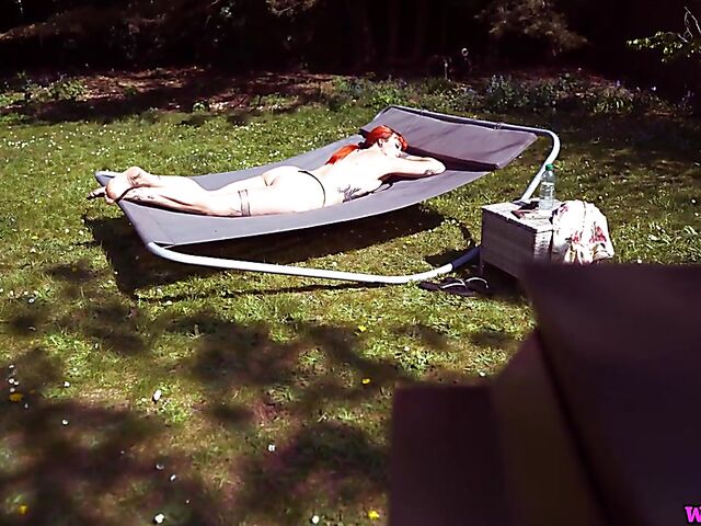 Redhead tattoo girl with tiny boobs Auburn Fox gets caught topless in the garden and shows her twat 