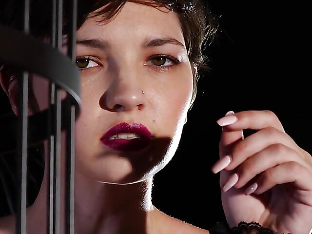 Short hair brunette Jay Marie loves showing off her natural titties and bald pussy