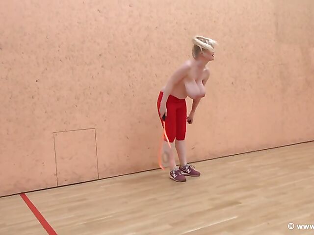 Topless squash with Casey's huge natural boobs exposed