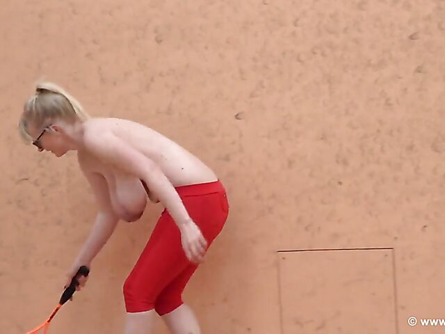 Topless squash with Casey's huge natural boobs exposed
