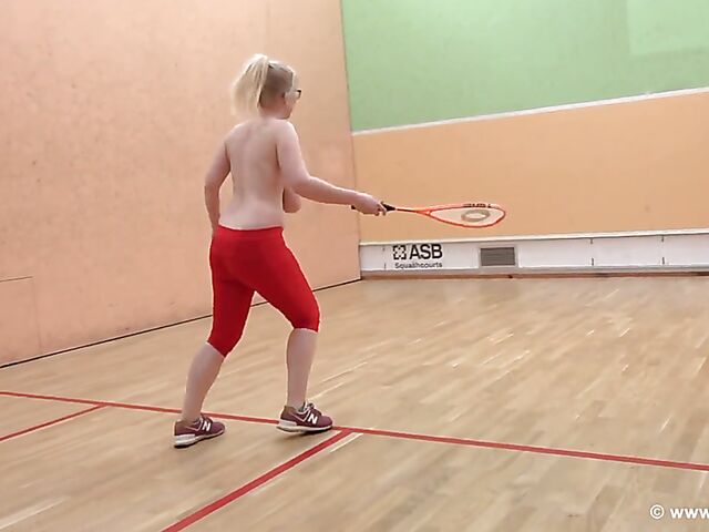 Topless squash with Casey's huge natural boobs exposed