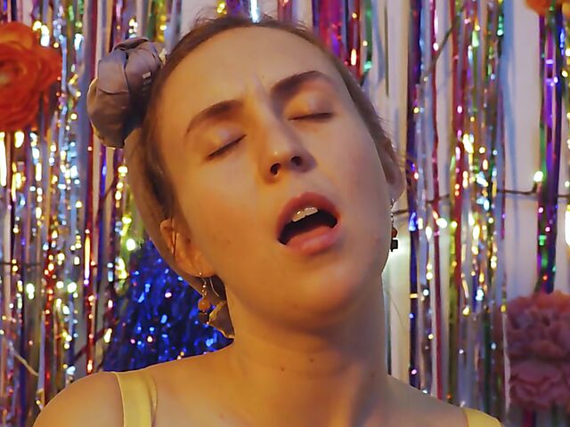 Hairy pussy masturbation on a stool with Olive G