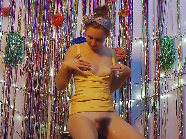 Hairy pussy masturbation on a stool with Olive G