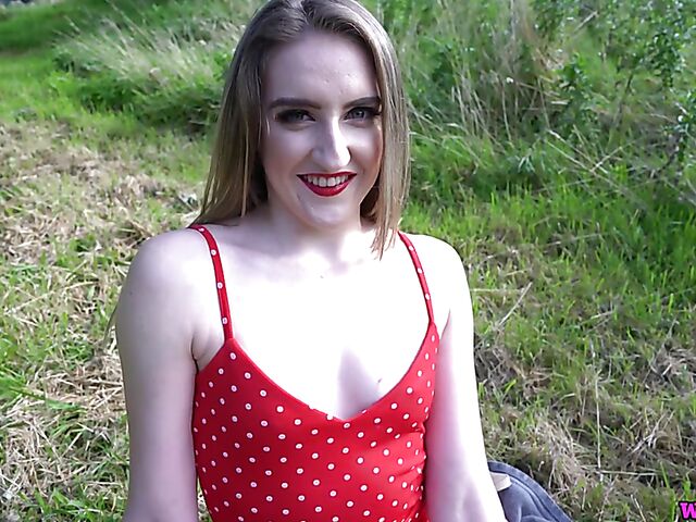 British dirty talk and solo tease in a short red dress in nature with pale skin girl Molly