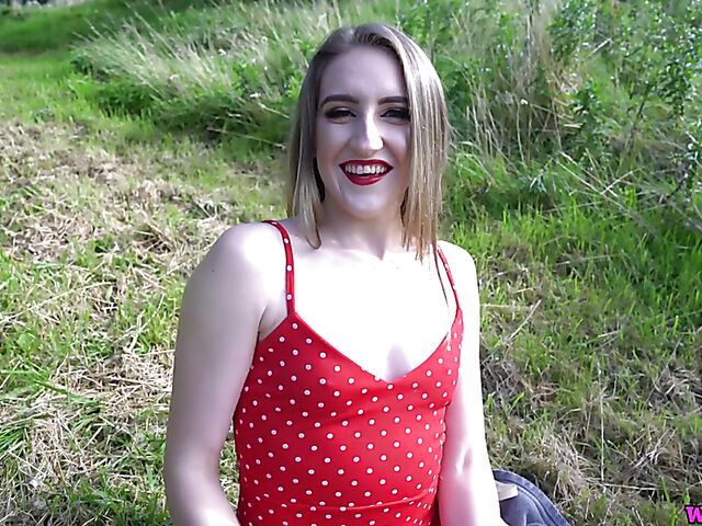 British dirty talk and solo tease in a short red dress in nature with pale skin girl Molly