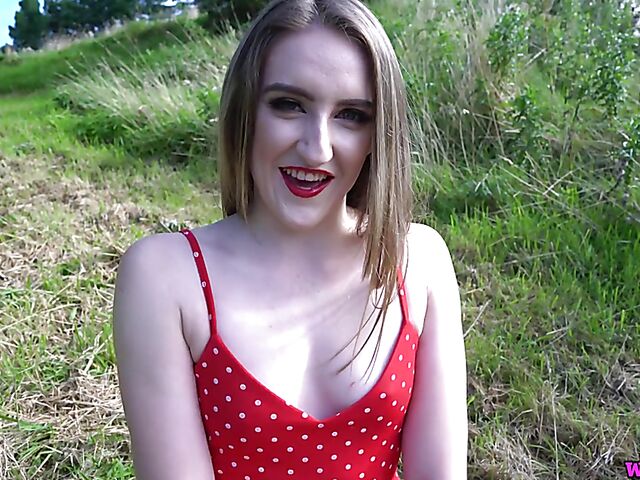 British dirty talk and solo tease in a short red dress in nature with pale skin girl Molly
