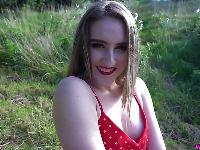 British dirty talk and solo tease in a short red dress in nature with pale skin girl Molly