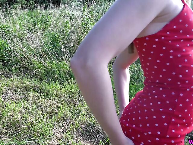 British dirty talk and solo tease in a short red dress in nature with pale skin girl Molly