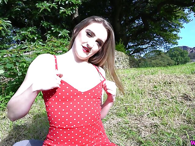 British dirty talk and solo tease in a short red dress in nature with pale skin girl Molly