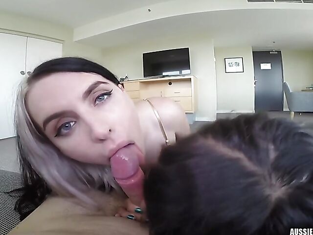 FFM blowjob in POV with two aussie girls Marina Lee and Allegra Sphynx
