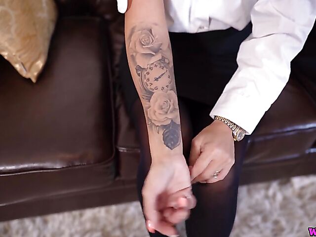 POV job interview with naughty Natalia Forrest in black stockings fingering herself on the couch