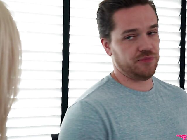 Petite blonde Winter Bell collecting cum with her pussy