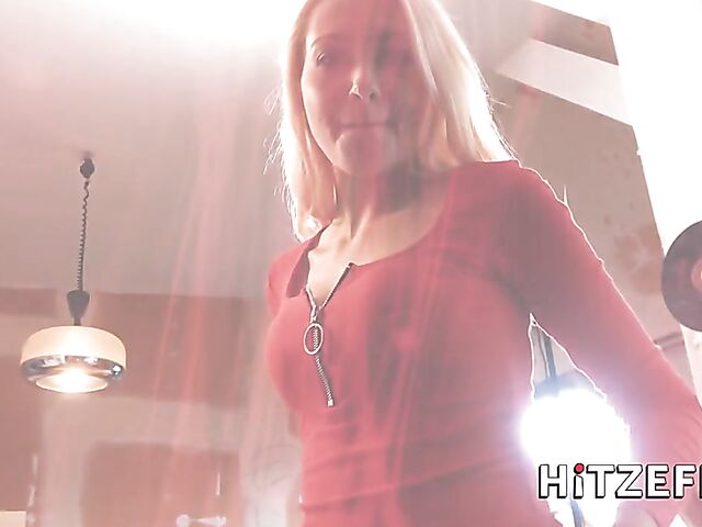 German blonde in red stockings Helena Moeller bounces on a cock POV