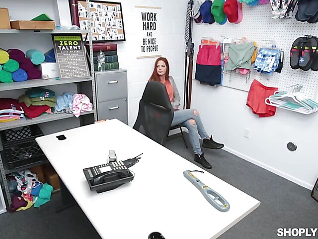 Hot redhead shoplifter Scarlett Mae is back and gets pounded again