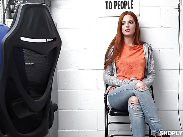 Hot redhead shoplifter Scarlett Mae is back and gets pounded again