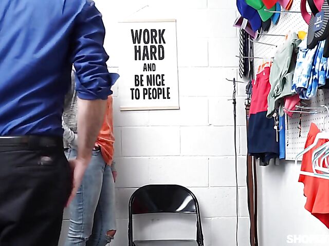 Hot redhead shoplifter Scarlett Mae is back and gets pounded again