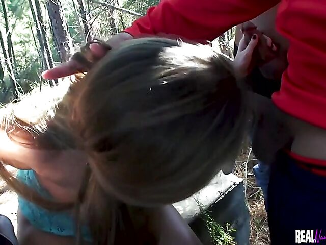 Outdoor blow bang and facial cumshots in the woods with Kloe Joy