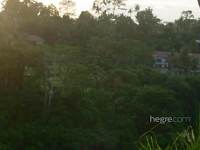 Nude art shoot backstage with Clover swinging outdoors in Bali