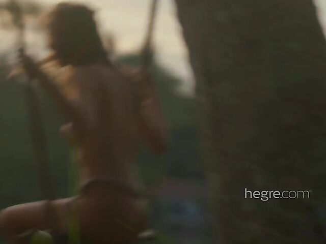 Nude art shoot backstage with Clover swinging outdoors in Bali