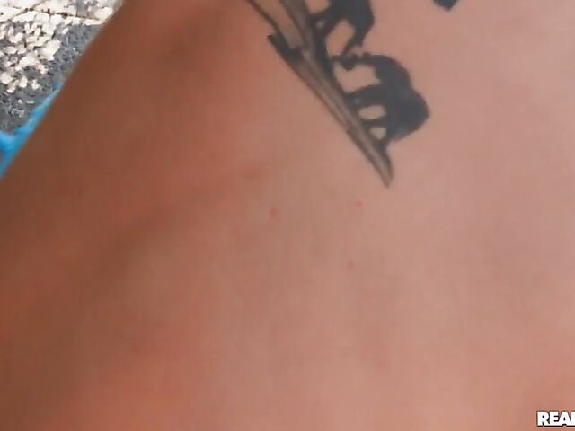 POV outdoor fuck in blue panties on Aidra Fox's exercise ball