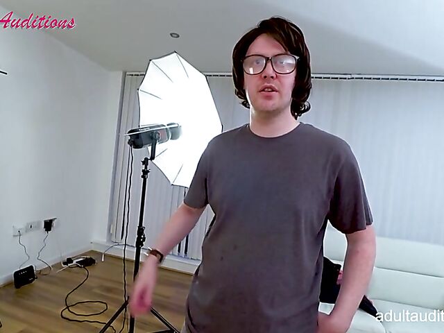 Nerd blowjob casting for newbie Eve getting naked and sucking his dick