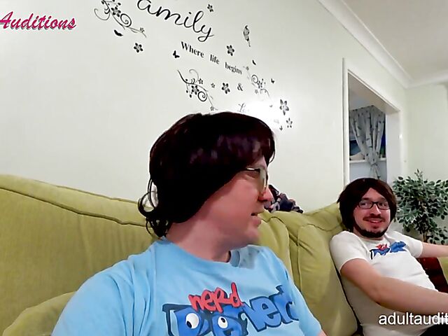 Nerd blowjob casting for newbie Eve getting naked and sucking his dick