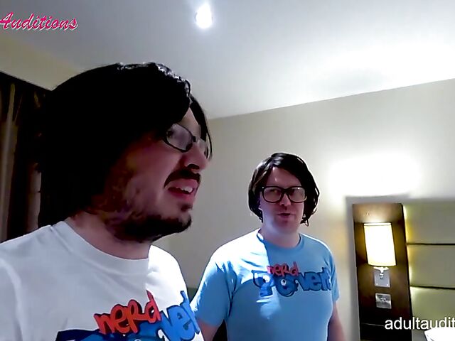 Nerd blowjob casting for newbie Eve getting naked and sucking his dick