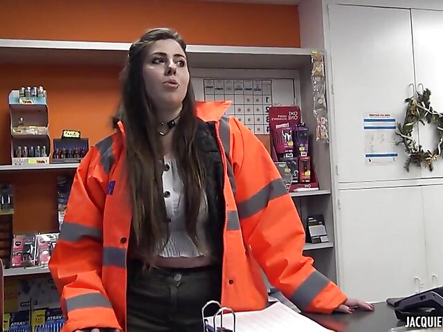 Busty French gas station employee Aude gets analized in the backroom