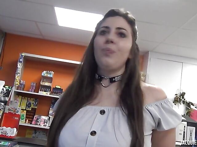 Busty French gas station employee Aude gets analized in the backroom