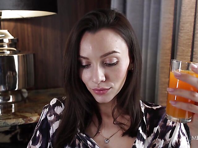 Skinny brunette Adel Morel rubbing her bald pussy